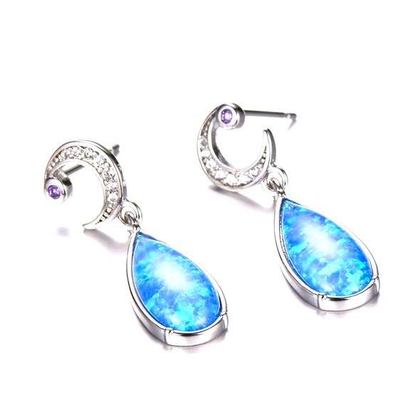 Jewelry Twist Shape Ocean Blue Fire Opal Drop Earrings - Picture 7 of 8